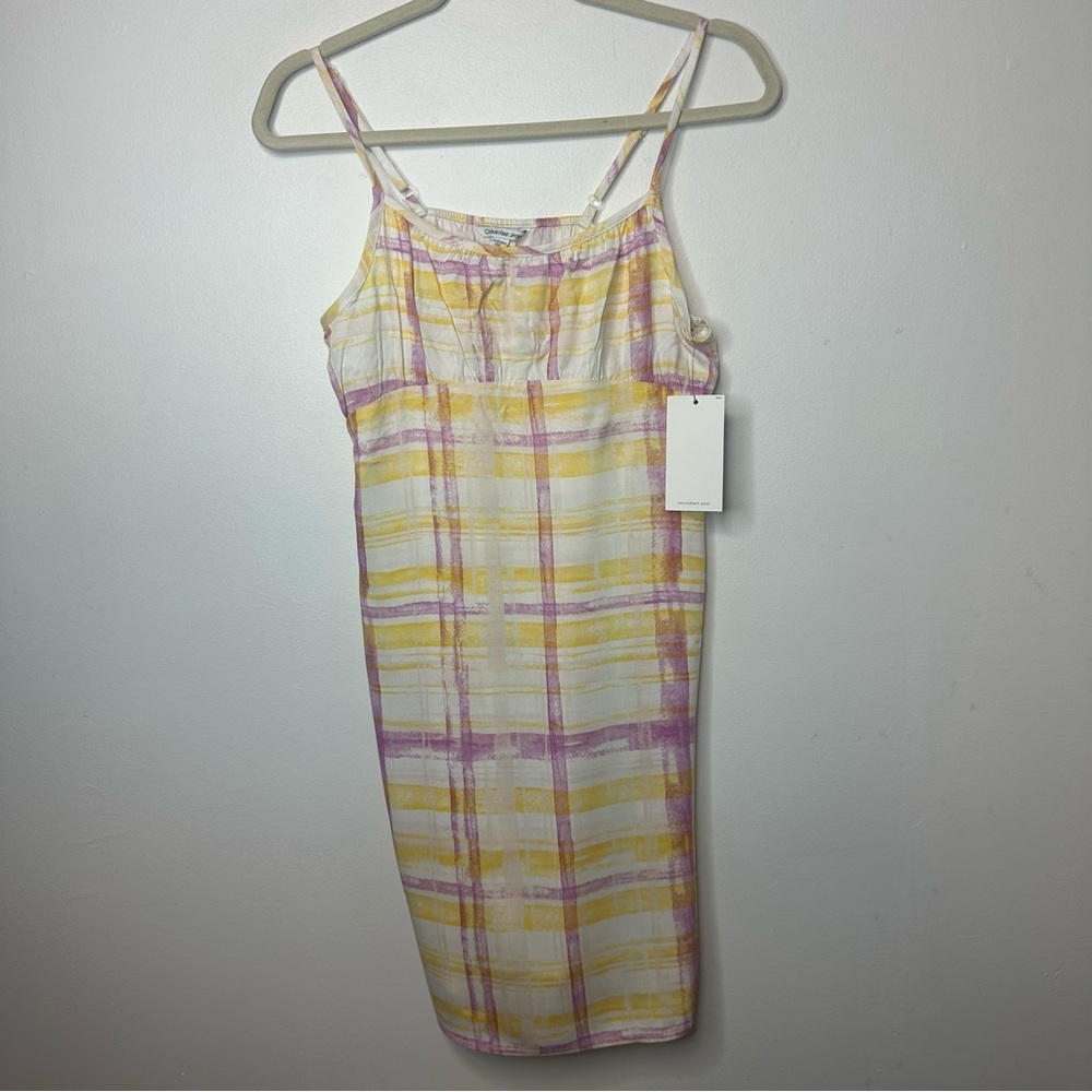 Calvin Klein Girls Yellow Purple Plaid Dress with Elastic XL Adjustable Straps